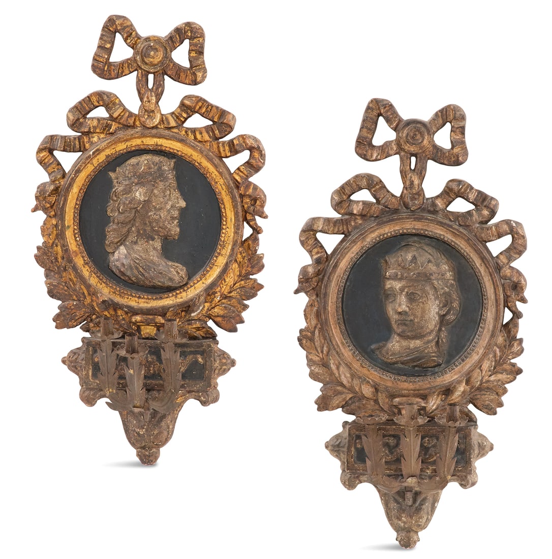 Pair of Italian Wood and Metal Sconces: Pair of Italian Parcel-Gilt Wood and Metal Sconces 18th century, decorated with carved roundels of a king and queen, respectively, with