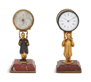 Bronze and Marble Desk Barometer and Clock