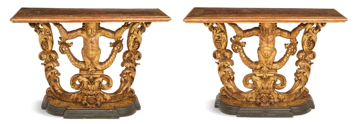 Italian Giltwood and Faux Marbre Console Tables