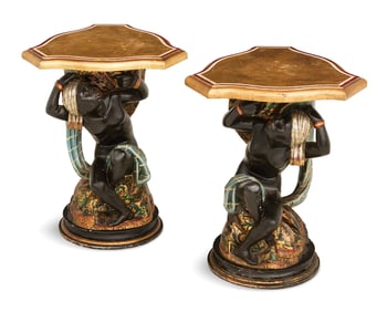 Pair of Venetian Carved Wood Blackamoor Tabourets