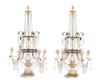 Silver Giltwood and Crystal Genoese Girandoles