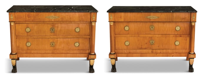 Pair of Empire Fruitwood and Marble-Top Commodes