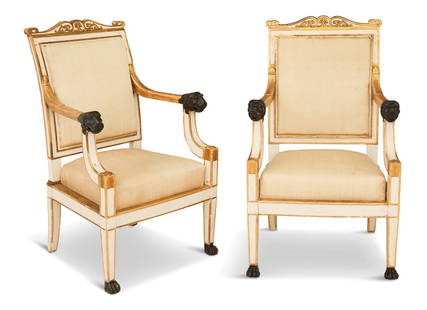 Pair of Empire Fauteuils by Jacob-Desmalter: Pair of Signed Empire Fauteuils by Jacob-Desmalterca. 1800, stamped "JACOB" for Francois-Honore-Georges Jacob, known as Jacob-Desmalter, each with a shaped and carved crest rail above a padd