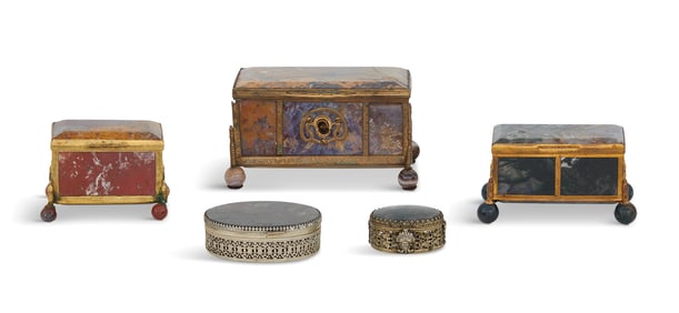 Five French Brass-Mounted Hardstone Boxes