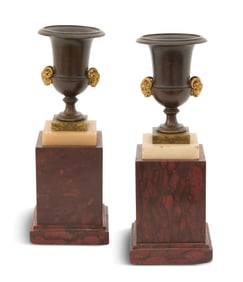 French Restauration Bronze and Marble Urns