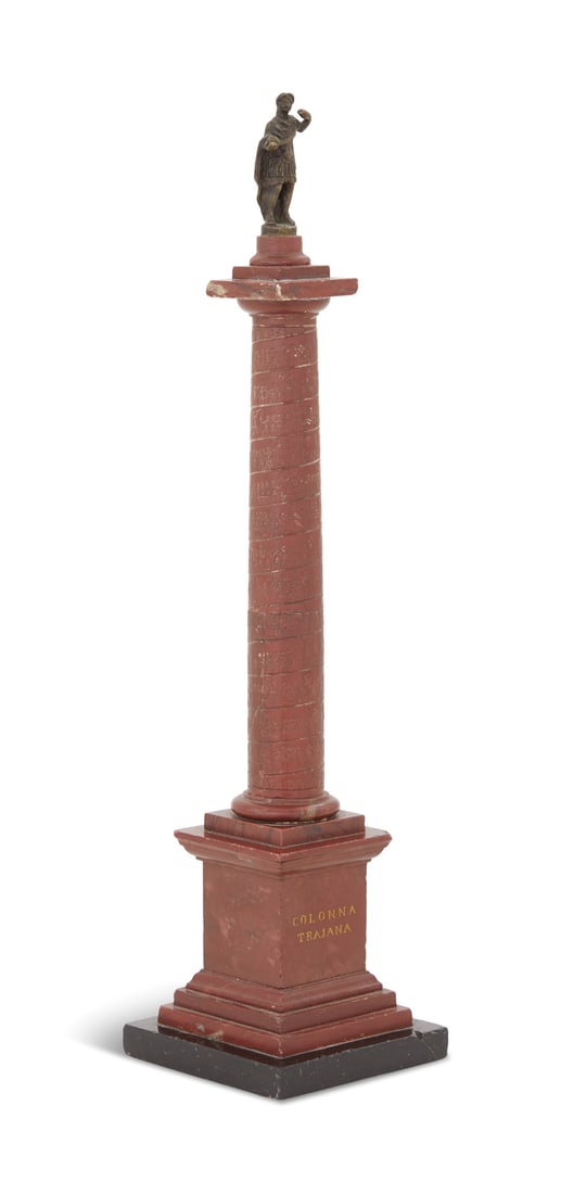 Italian Grand Tour Model of Trajan's Column: Italian Grand Tour Bronze and Marble Model of Trajan's Column 19th century, with a bronze figure of Trajan atop a rouge griotte marble column, the lower section with gilt inscriptions, on a black marb