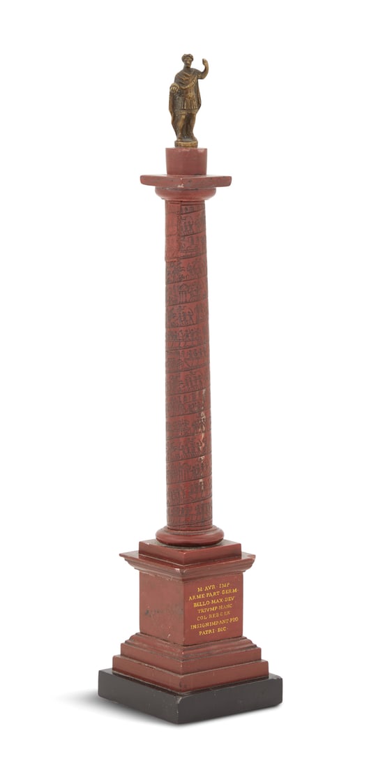 Italian Grand Tour Model of Trajan's Column: Italian Grand Tour Bronze and Marble Model of Trajan's Column 19th century, with a bronze figure of Trajan atop a rouge griotte marble column, the lower section with gilt inscriptions, on a black marb