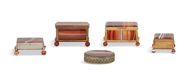 Five French Brass-Mounted Banded Agate Boxes
