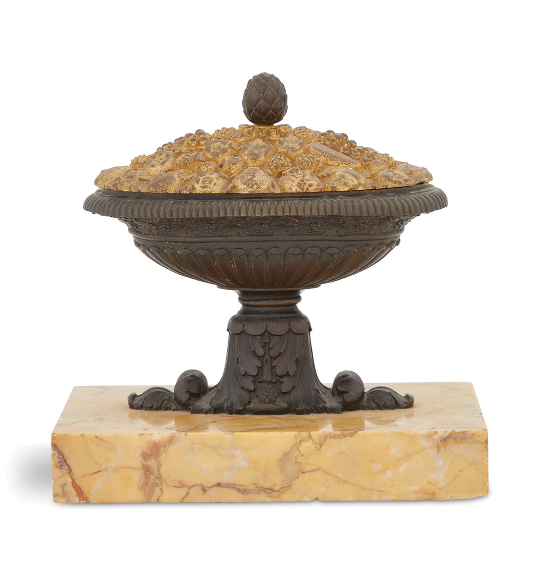 Grand Tour Bronze and Marble Covered Urn: Grand Tour Bronze and Marble Covered Urn 19th century, the bronze dore et patine covered urn on a marble base. h. 6-1/2", w. 6-1/4", d. 3-1/2" Provenance: Kevin Stone Antiques, The Coll