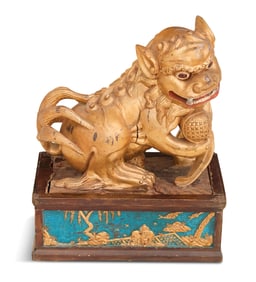 Chinese Carved and Parcel-Gilt Wooden Foo Dog