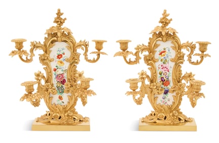 Pair of English Bronze and Porcelain Candelabra