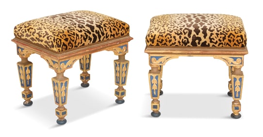 Pair of Italian Polychrome and Parcel-Gilt Stools