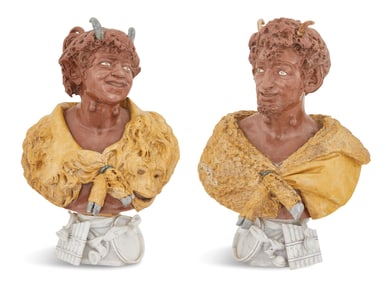 Italian Mixed Marble Busts of a Satyr Couple