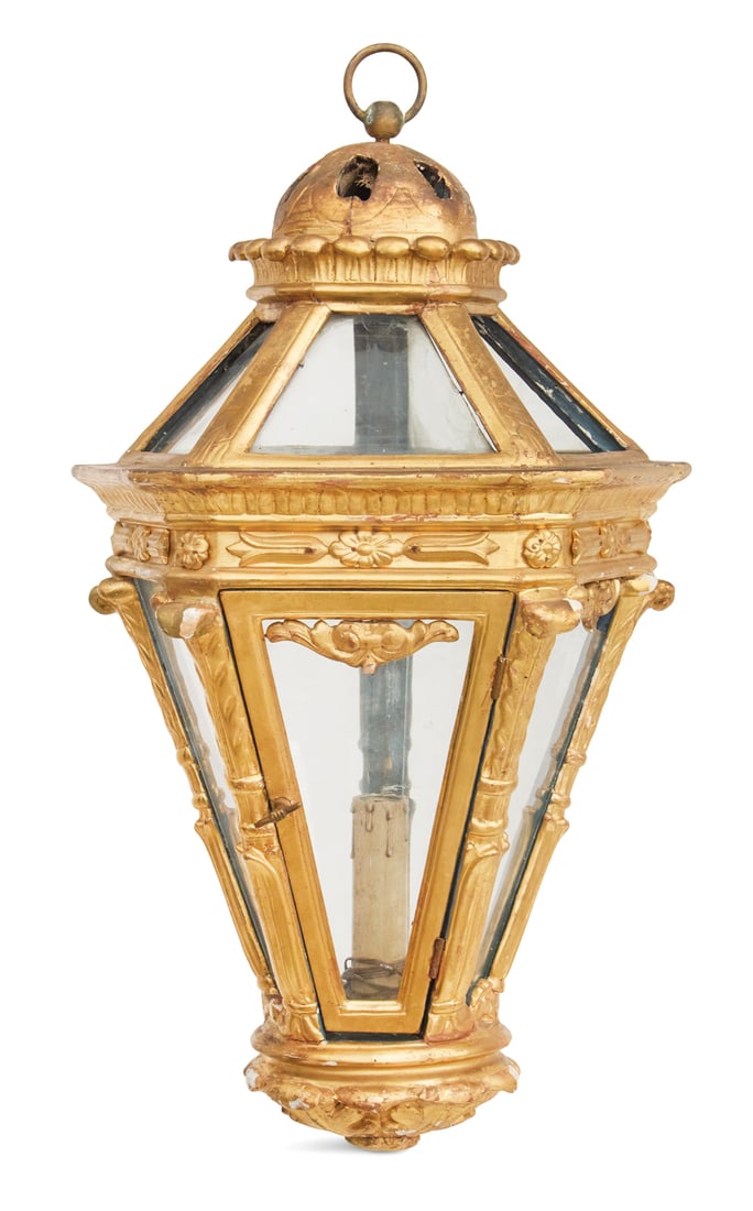 Italian Giltwood Lantern: Italian Giltwood Lantern in the Neoclassical Taste19th century, with a domed oculus at the top of the pentagonal, tapered lantern, the frieze carved with honeysuckle and medallions, with acanthus- and