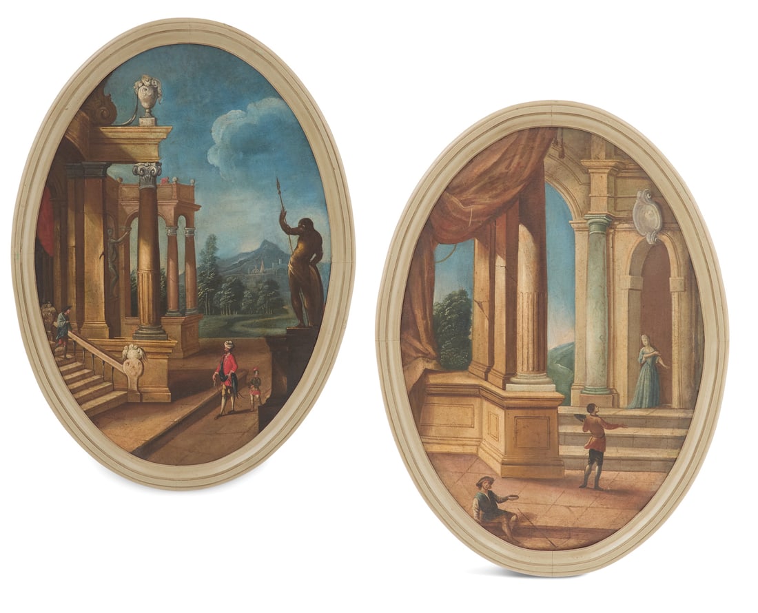 ltalian School (19th Century): ltalian School 19th Century "Ancient Ruins with Figures" pair of oval oils on canvas unsigned. In matching oval frames. each 45" x 31", framed 50" x 36" Provenance: Kevin