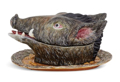 Portuguese Majolica Boar's-Head Tureen and Stand