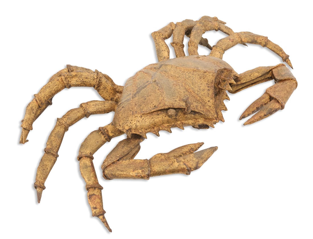 Brutalist Gilt-Metal Crab: Brutalist Gilt-Metal Crab 20th century, possibly Daniel d'Haeseleer (Belgian, b. 1947), realistically modeled, with a mottled, gilt surface. h. 6-1/4", w. 22-1/2", d. 12-1/2" Provenance: Kevin Stone A