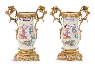 Pair of Chinese Export Bronze-Mounted Vases