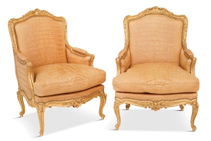 Pair of Louis XV-Style Alligator-Covered Bergeres