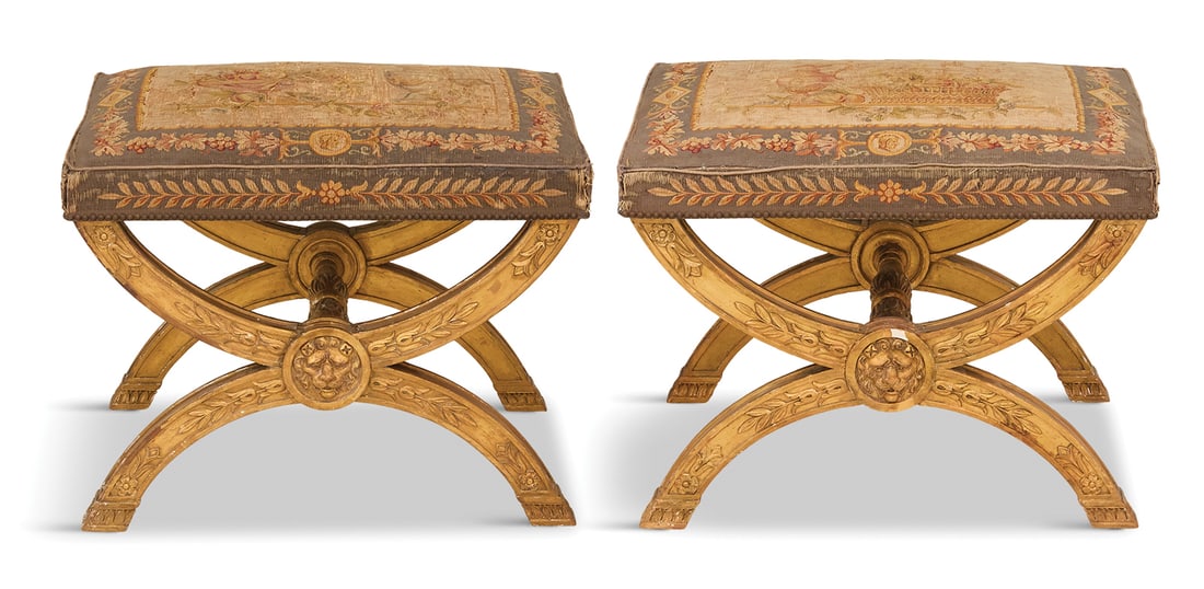 Pair of French Empire Giltwood Curule Stools (1 of 5)