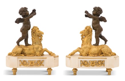Bronze and Marble Figures of Cherubs on Goats