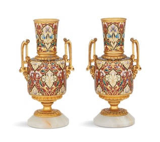 Pair of French Champleve Enamel Vases