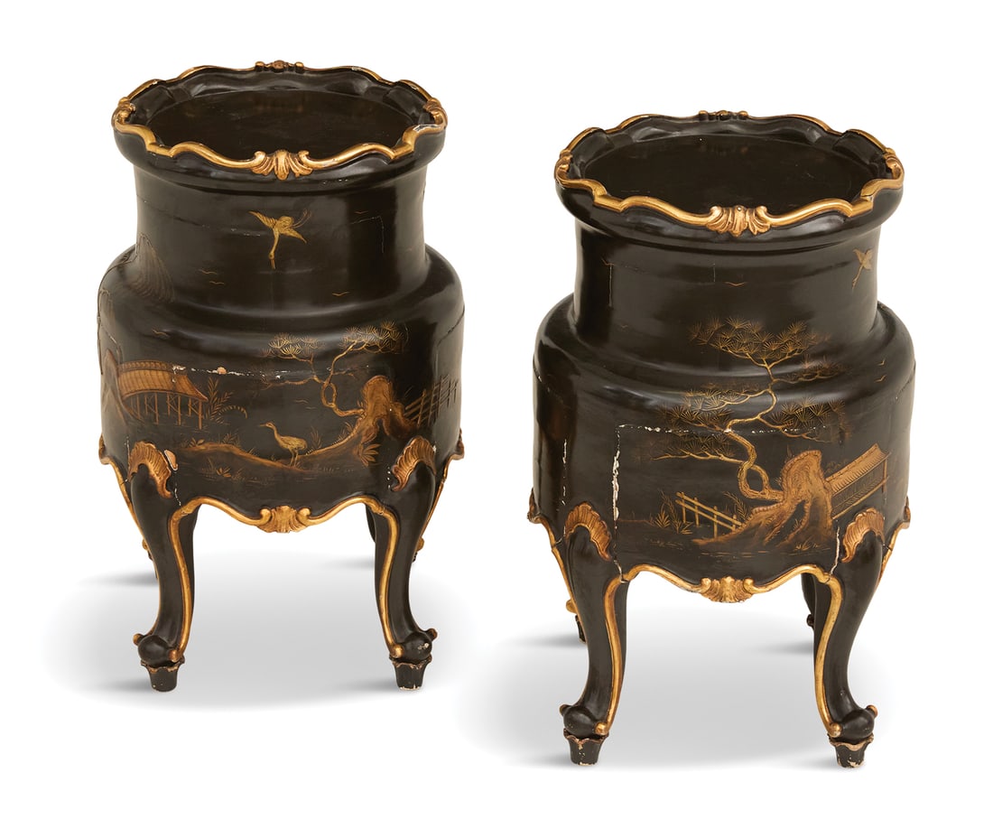 Pair of Louis XV-Style Chinoiserie Tea Tables: Pair of French Louis XV-Style Chinoiserie Tea Tables20th century, decorated with gilt scroll- and rocaille-carved raised edges, the bodies decorated with japanning, with raised gilt pine trees, bridge