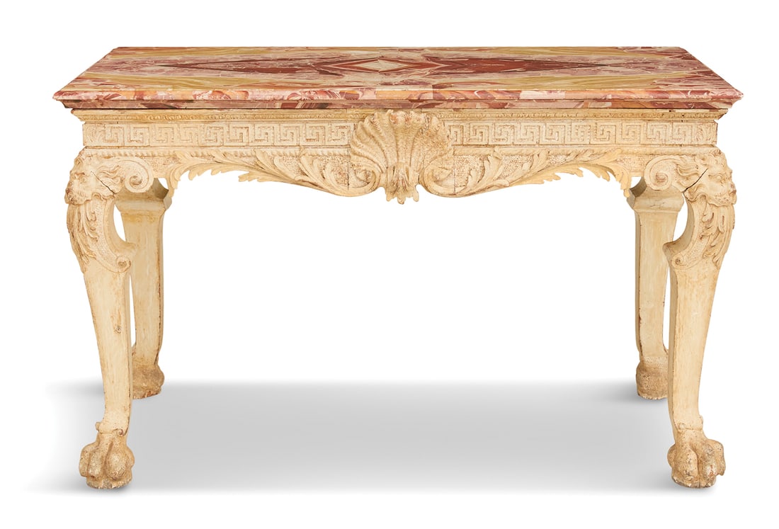 George II Polychrome and Marble-Top Console Table: Rare George II Polychrome and Marble-Top Console Table18th century, in the manner of William Kent, the thick, segmented, book-matched Sarrancolin Ilhet-clad marble top over a frieze with Greek-key det
