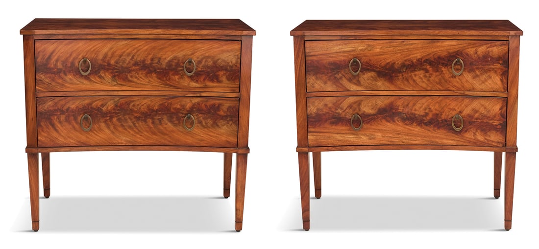 John Richard Figured Mahogany Commodes: Contemporary Pair of John Richard Figured Mahogany Commodeseach with an in-curved front fitted with two conforming drawers and raised on tapered square legs.h. 34-1/2", w. 37", d. 19"