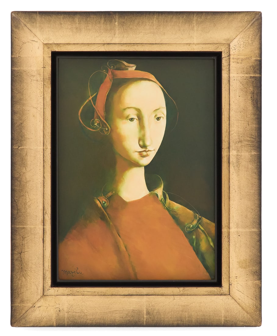 Georges Mazilu (Romanian/French, b. 1951): Georges Mazilu(Romanian/French, b. 1951)"Femme en Rouge"acrylic on canvassigned lower left, signed and titled on stretcher.Framed.18-1/4" x 13-1/4", framed 25" x 20"