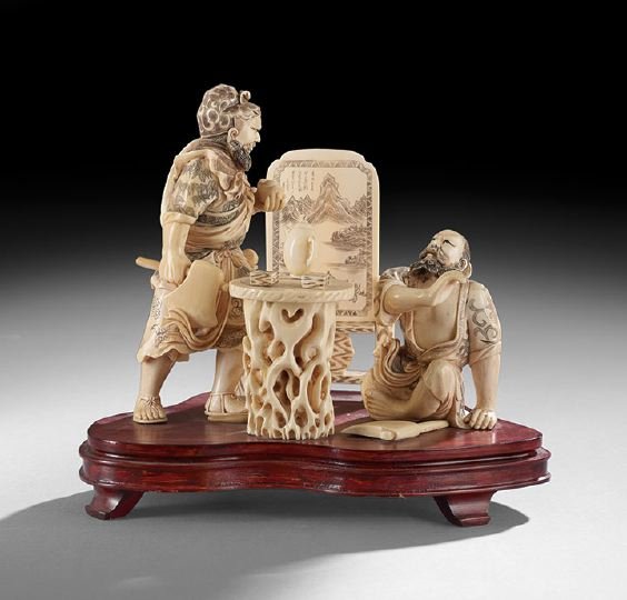 Chinese Carved Ivory Group: Chinese Carved Ivory Group, early 20th century, the carving depicting a historical scene of two figures at a wine table and a screen, with stained details, wooden stand, h. 9-1/2", including stand, w.