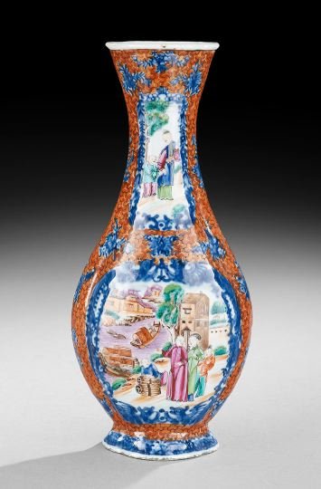 Chinese Export Ch'ien Lung Period Garniture Vase: Chinese Export Porcelain Ch'ien Lung Period Garniture Vase, fourth quarter 18th century, serpentine sided with orange diapering and blue bordered panels of Mandarin decoration, h. 12", w. 5-1/4", d. 3