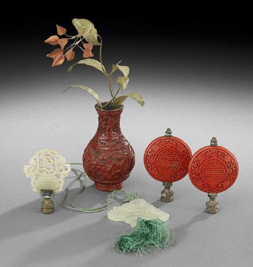 Three Lamp Finials: Three Lamp Finials, including two cinnabar lamp finials and one hardstone finial, together with a hardstone pendant and a 19th century cinnabar vase, vase h. 4".