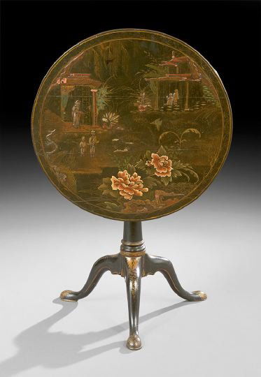 George III-Style Black-Lacquered Tripod Table: George III-Style Black-Lacquered and Polychrome Tripod Table, third quarter 19th century, in the chinoiserie taste, the tilting circular top featuring a gesso and polychrome oriental landscape, raised