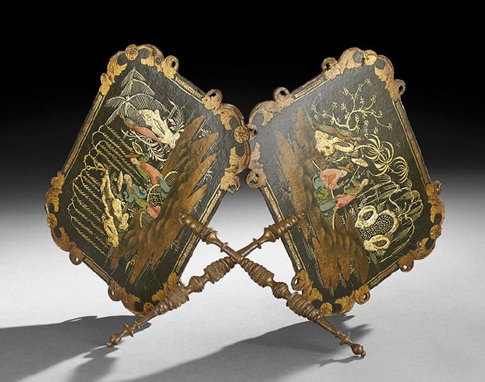 Pair of Regency Papier-Mache Fire Screens: Pair of Regency Papier-Mache Fan-Shaped Fire Screens, first quarter 19th century, English, the turned giltwood handles support the chinoiserie screens, gilt scrollwork decorates the conforming corners