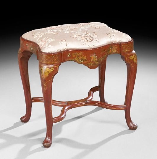 Queen Anne-Style Polychrome Stool: Queen Anne-Style Polychrome Stool, 19th century, the shaped and padded rectangular top above a conforming frieze with gilt and polychrome accents in the chinoiserie taste, raised on cabriole legs join