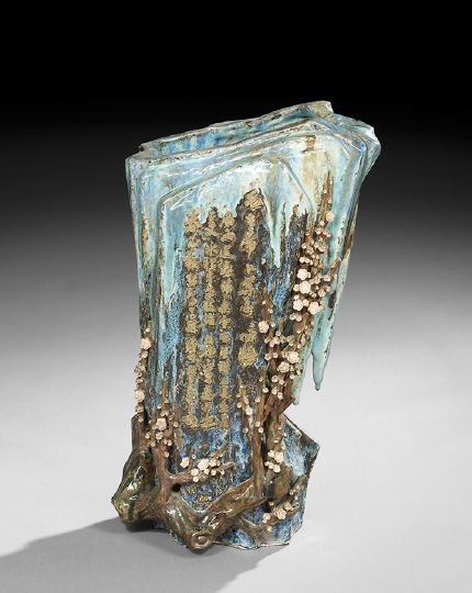 Large Chinese Stoneware Vase: Large Chinese Stoneware Vase, early 20th century, Kuang Tung ware, carved in the form of the trunk of an ancient prunus tree in flower with a long poem on one side, surface glazed in blue-green with f