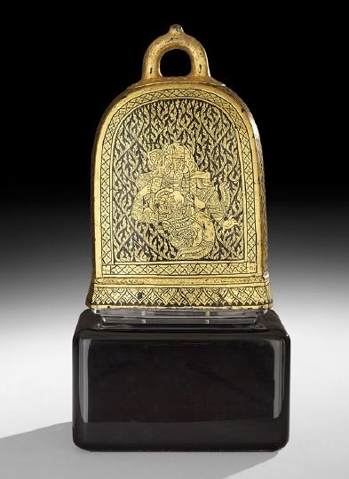 Thai Bronze Bell: Thai Bronze Bell, 19th century, the gold and black lacquer decoration of Buddhist angels and Ramayana scenes, presented on a custom clear and black lucite base, bell h. 14", overall h. 21", w. 10-1/2"