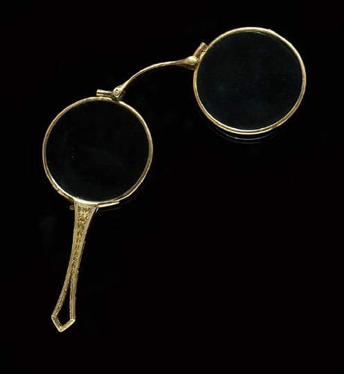 Lady's Eight/Nine-Karat Gold Lorgnette: Lady's Eight/Nine-Karat Gold Lorgnette, ca. 1880, the lorgnette with a hand-engraved handle and opera glasses.