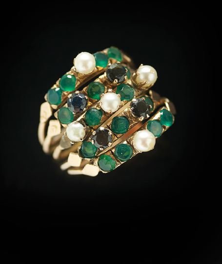 10/14 Kt., Emerald, Sapphire and Pearl Ring: Lady's Ten- and Fourteen-Karat Yellow Gold, Emerald, Sapphire and Pearl Ring, the ring with five stackable bands, with cultured pearls, round-cut sapphires and round-cut emeralds, the bands attached a