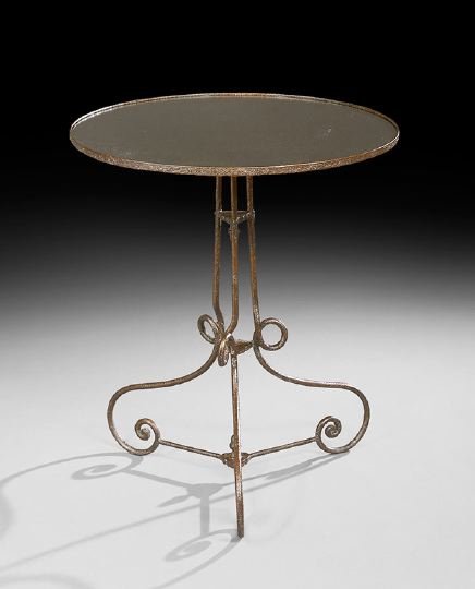 Contemporary Metal and Mirrored Occasional Table: Contemporary Polychrome Metal and Mirrored Occasional Table, the inset circular mirrored top raised on three scrolling supports, joined by a tripartite stretcher, h. 28", dia. 24".