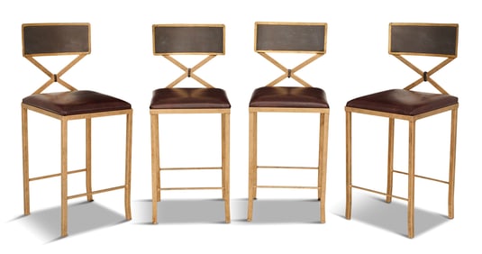 Suite of Four Metal and Faux Ostrich Bar Stools