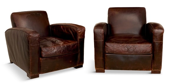 Pair of Art Deco-Style Brown Leather Club Chairs