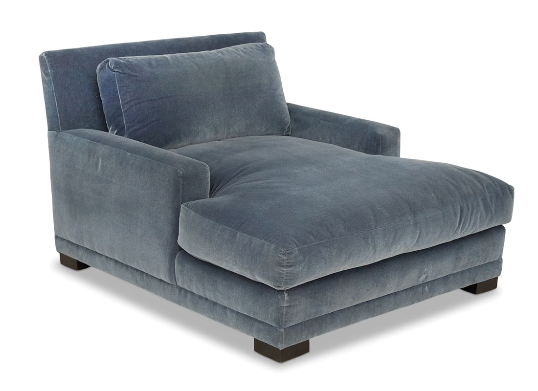 Custom Lee Industries Chaise Lounge: Custom Lee Industries Chaise Loungethe wide blue velvet chaise with fitted seat cushion and loose back cushion, raised on low block feet.h. 35", w. 43", d. 55"