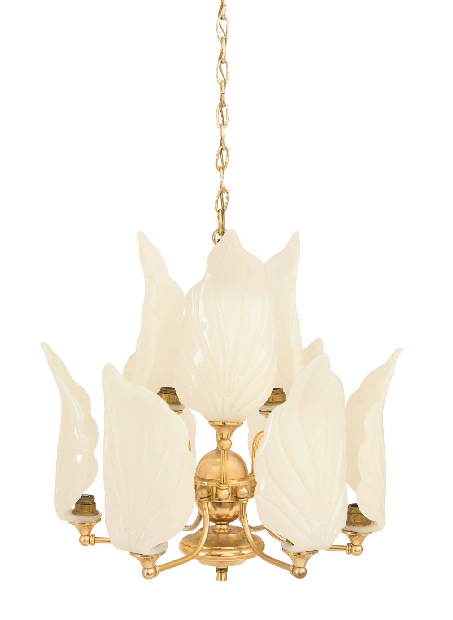 Mid-Century Modern Chandelier: Mid-Century Modern Chandelierthird quarter 20th century, attributed to Franco Luce (Italian, 1924-1991), set with two tiers of curved arms terminating in sockets, fitted with palmette-form opalescent