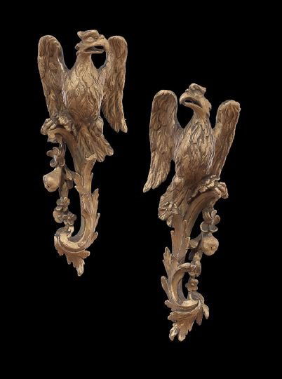 Pair of Giltwood Carved Phoenix Birds: Pair of Giltwood Carved Phoenix Birds in the Style of Thomas Chippendale, third quarter 19th century, English, each carved and pierced rocaille ornament with a festoon of fruit supporting the pair of