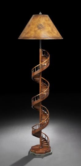 Mahogany Floor Lamp: Mahogany Floor Lamp, the standard in the form of a spiral staircase with banister, fitted with a custom embossed shade, h. 69-1/2".