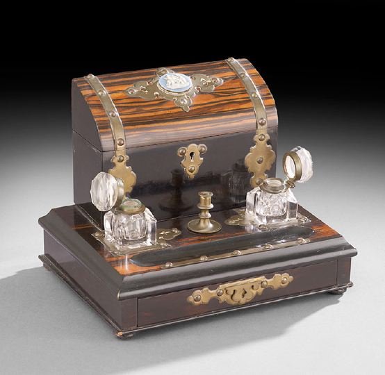Victorian Calamander Wood Letterbox/Standish: English Victorian Calamander Wood Letterbox/Standish, third quarter 19th century, the drawer mounted base surmounted by an ebonized pen tray, a pair of cut-glass inkpots flanking a taper stick, and a 