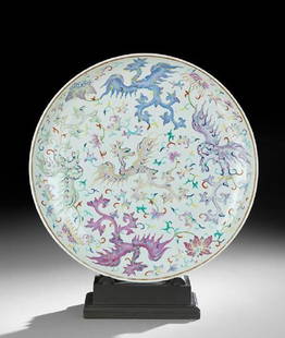 Chinese Porcelain Charger: Chinese Porcelain Charger, Kuang Hsu mark (1875-1908) and of the period, famille rose decoration of foliated dragons, dia. 20".