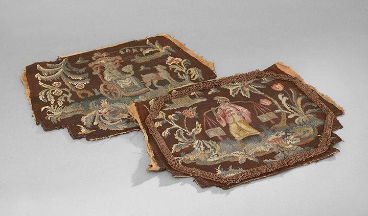 Two Needlework Pillow or Seat Covers: Two Needlework Pillow or Seat Covers, one with chocolate brown looped fringe,depicting a Chinese man carting water for a garden, h. 21", w. 26-1/2", the other a young noblewoman riding through the gar